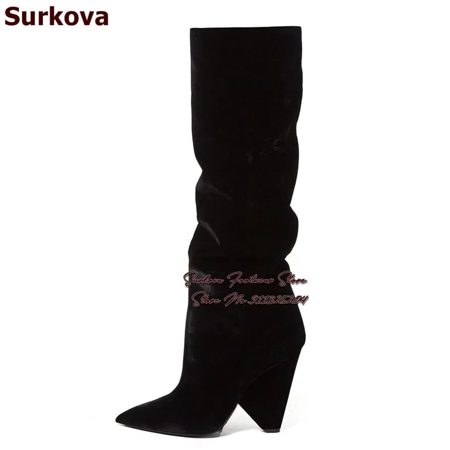 Surkova Black Velvet Spike Heel Knee High Boots Women Pleated Pointed Toe Luxury Tall Boots Fall Winter Banquet Shoes