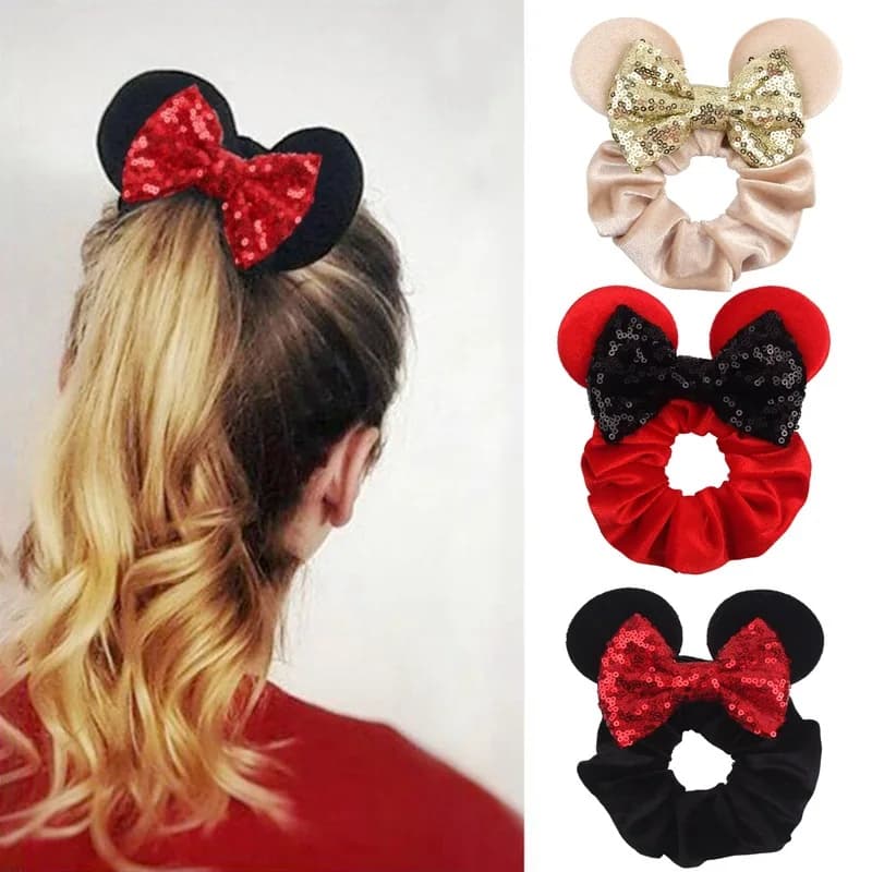 Disney Christmas Mouse Ears Sequins Bows Headband Women Velvet Scrunchies Hair Bands For Girls Party DIY Accessories