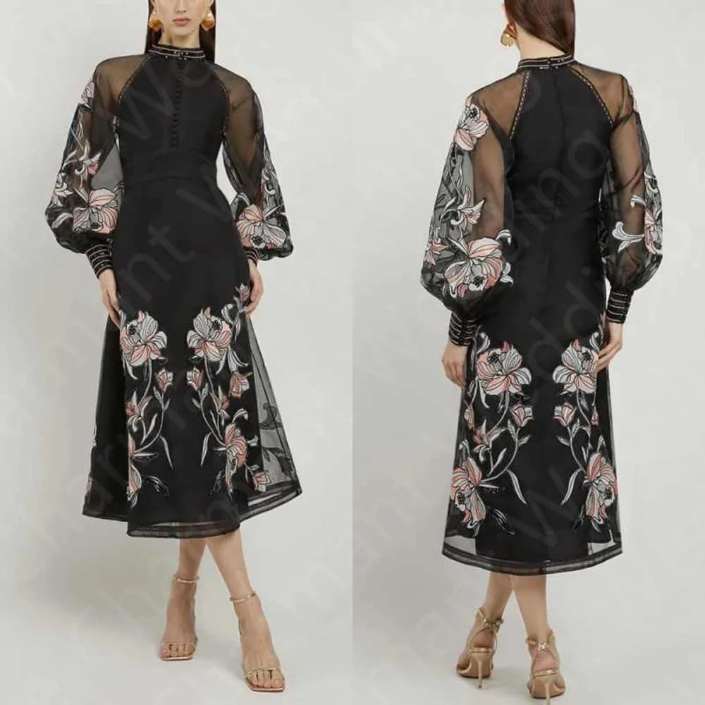 Customized Classic Contrast Color Prom Gowns Black Arabic Evening Dresses Long Sleeve Middle East Wedding Party Gowns Tea Length