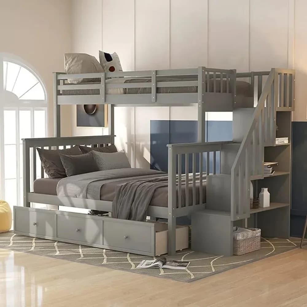 Bunk Beds, with Stairway & Storage Drawers, Twin Over Full Size with Storage Stairway and Guard Rail,Solid Wood Bunk Bed