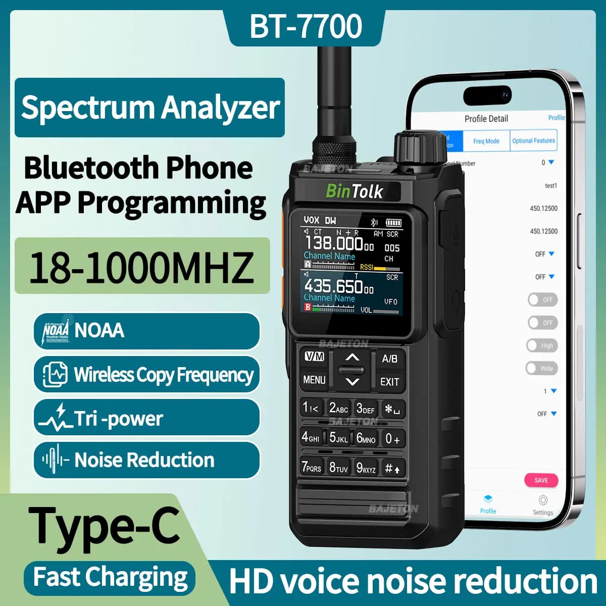 BinTolk BT7700 Walkie Talkie  Portable  Full Band Bluetooth Programmer Noise Reduction Spectrum Analyzer AM FM NOAA Ham Radio