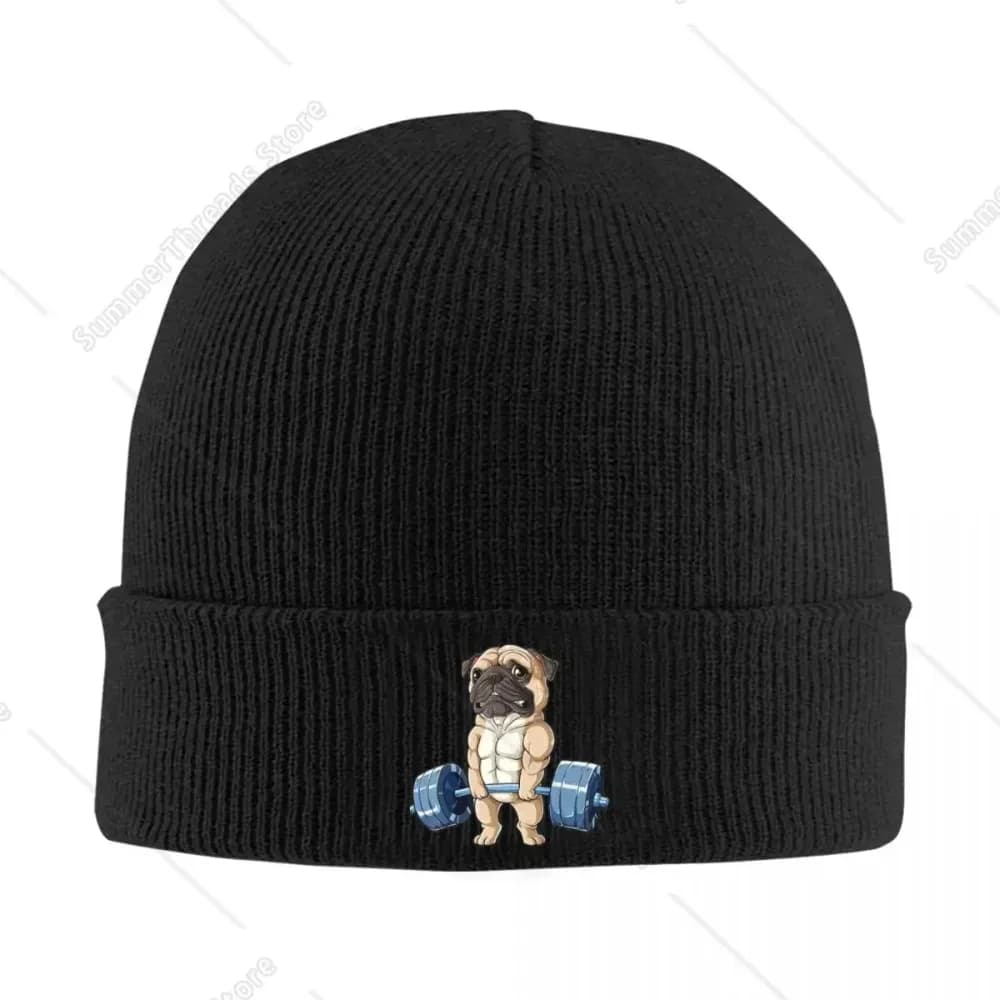 Pug Dog Weightlifting Exercise Fitness Gym Workout Knitted Bonnet Caps 100% Cotton Fashion Keep Warm Hats