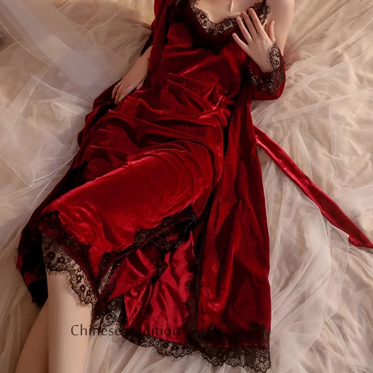 Autumn Velvet Loungewear Bathrobe Gown Lace Slip Robe Set Long Vestidos De Novia Sexy Winter Women's Nightdress Sleepwear
