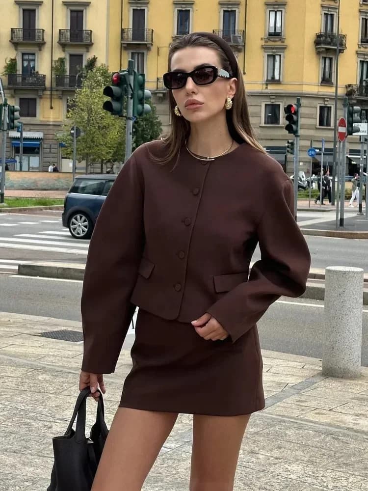 Women Elegant Mini Skirt Suits 2 Pieces Sets Fashion Balloon Buttons Cropped Blazer Coat Zipper Skirts Female Streetwear Outfits