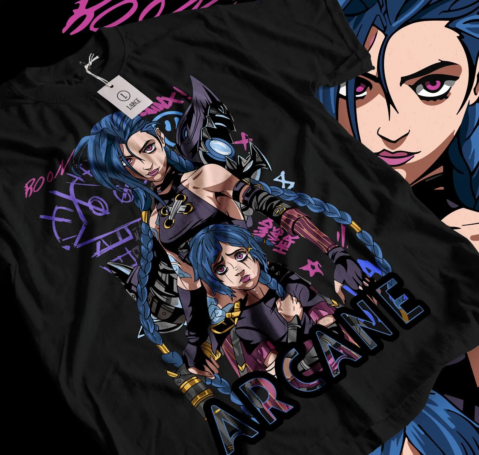 Jinx Arcane T-Shirt Japanese Anime Cartoon Jinx Black T-Shirt 044