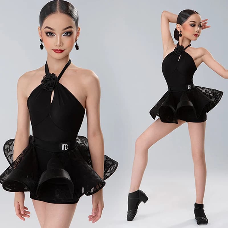 Fashion Halter Black Latin Dance Dress Girls Performance Dancing Suit Kids Smaba Ballroom Dance Competition Costume SL10854