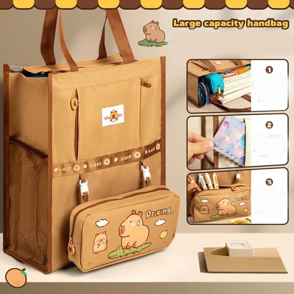 Capybara Capybara Handbags Large Capacity Lightweight Canvas Tote Bags With Pencil Case Reusable Student Book Shoulder Bag