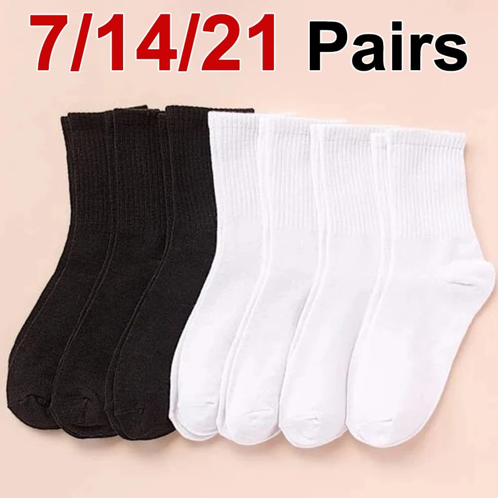 7/14/21 Pairs Women Classic Black And White Solid Color Fashionable Versatile Sweat-Absorbing Soft And Breathable Casual Socks﻿