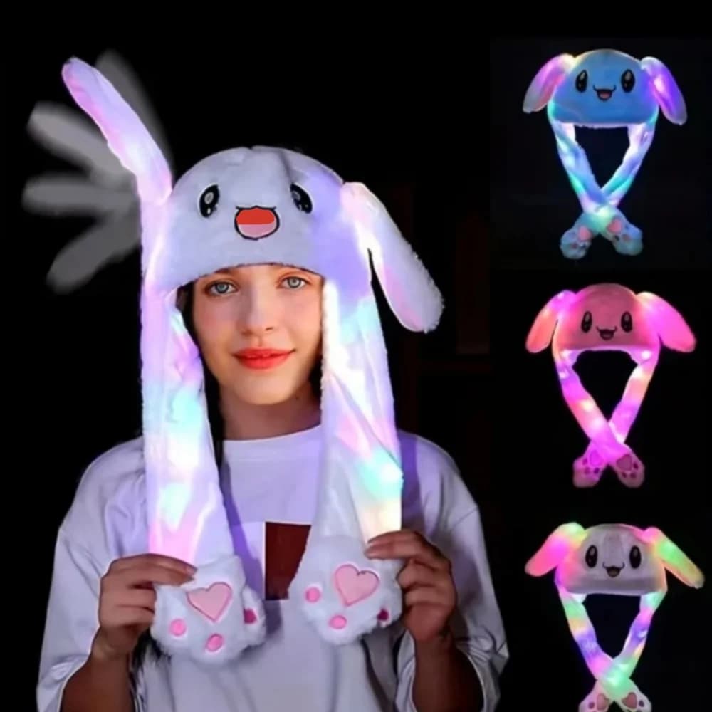 Cute Glowing Rabbit Hat with Moving Ears Plush Bunny Headband Ears Popping Up When Pressing The Paws Plush Bunny Hair Decoration