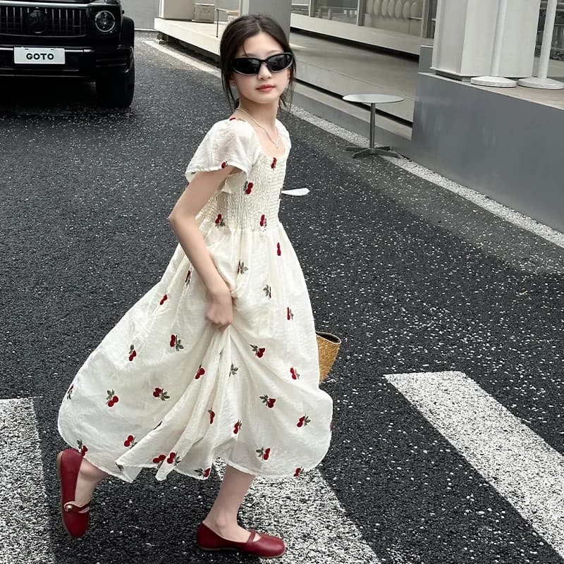 vestido sevillana espanol summer kids girls dress Retro embroidered strawberries pleat princess dresses vetement fille 8 10 12