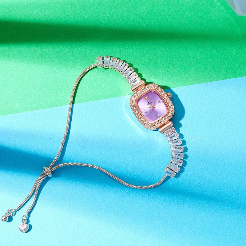 Fashion Colored Square Zirconia Exquisite Chain Bracelet Watch, Ladies' Freely Adjustable Quartz Watch, Clock, Ladies' Gift