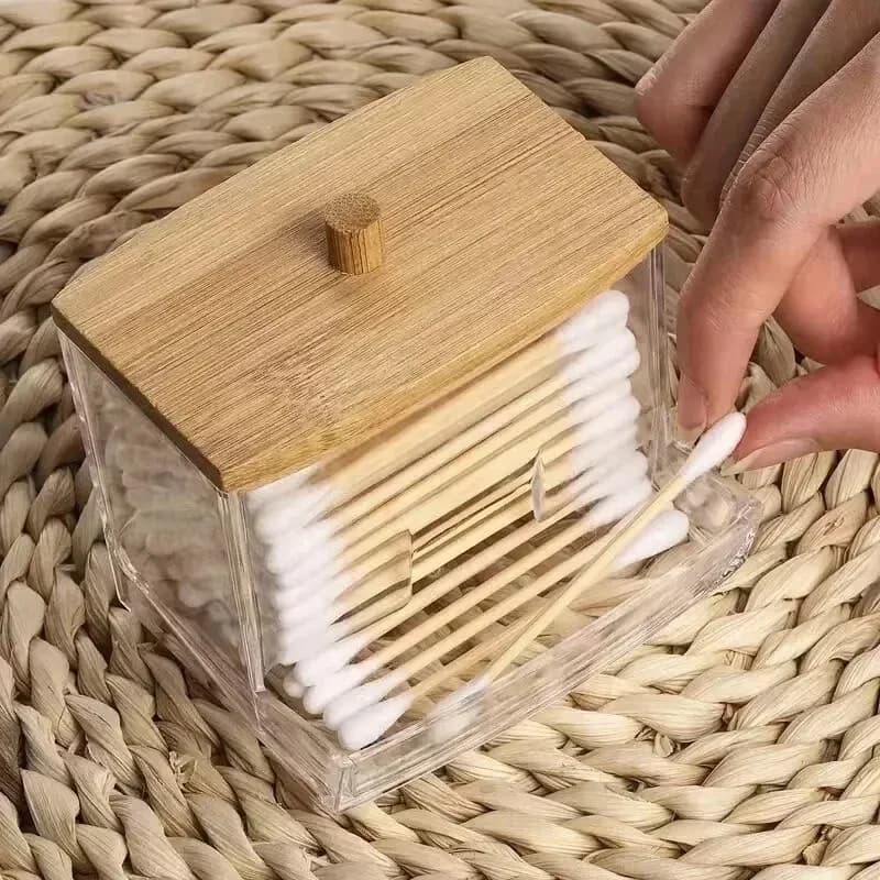Cotton Swab Storage Box Can Hold Makeup Cotton Powder Puff Bamboo Cover Portable Circular Storage Box Double Headed Cotton Swabs