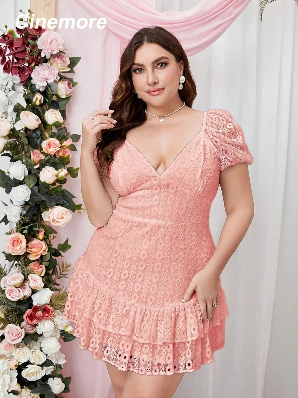 Cinemore Summer Dresses Women 2023 Plus Size Clothing Deep V Neck Puff Sleeve Cute Sweet Cake Dress Ruffle Hem Female Dress 9802