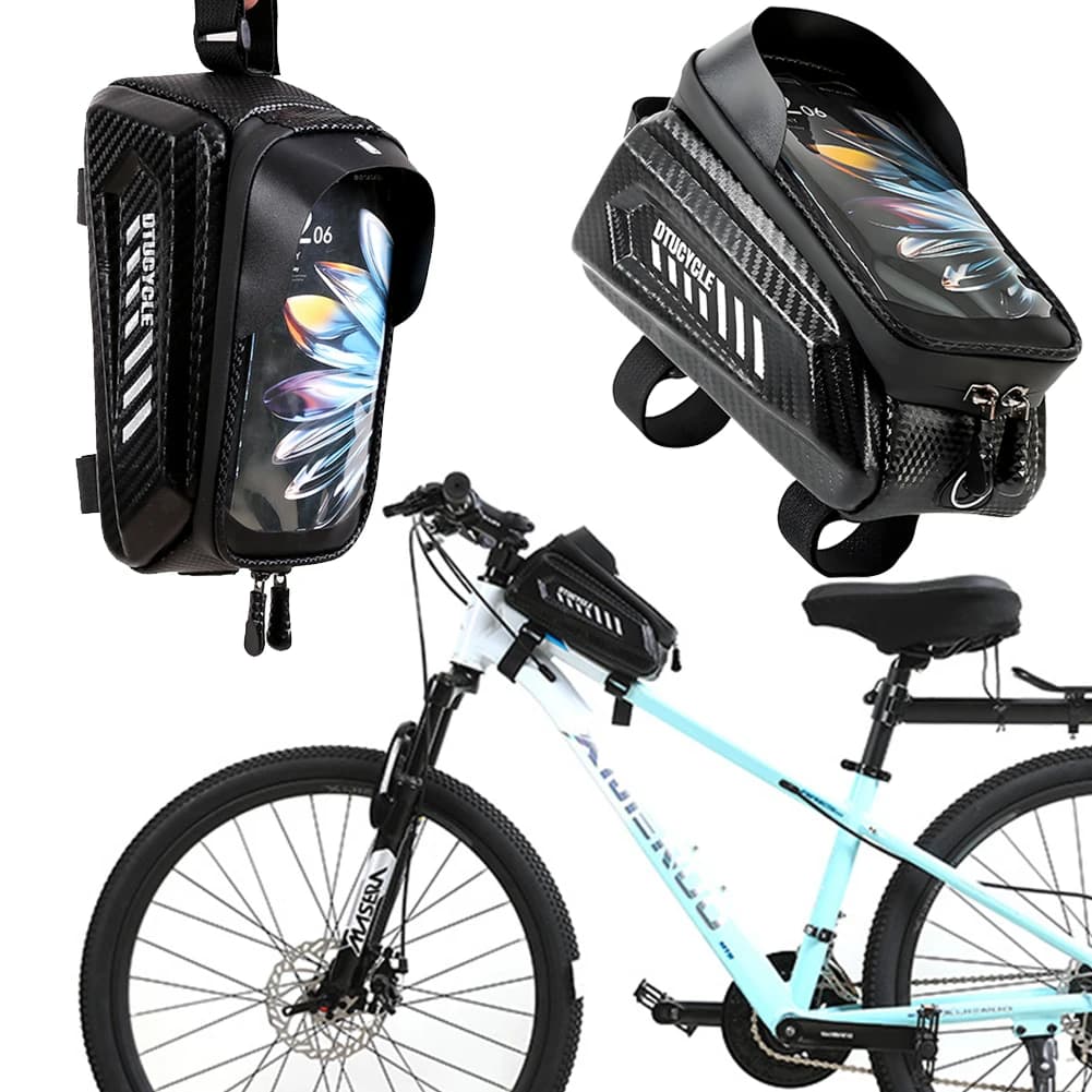 1.5L Bicycle Phone Front Frame Bag 7.4 Inch Touchscreen Bike Frame Front Tube Bag Hard Casing Bike Bag Bike Accessories