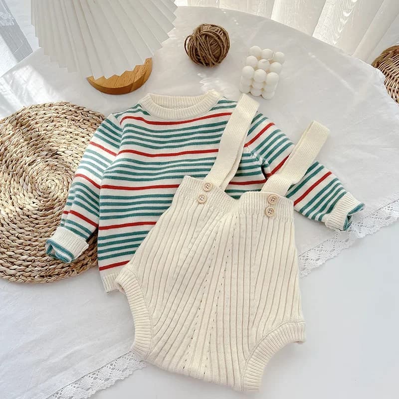Baby Clothes Korean Ssweater Spring for Boys and Girls Striped Knitted Tops + Pants Sets Newborn Sweaters Autumn 5-day Shipping