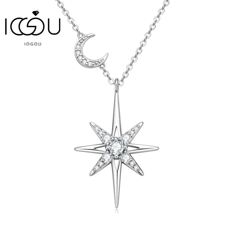 IOGOU 925 Sterling Silver Minimalist 3mm Moissanite Star&Moon Pendant Necklace for Women Birthday Gift Fine Accessories Jewelry