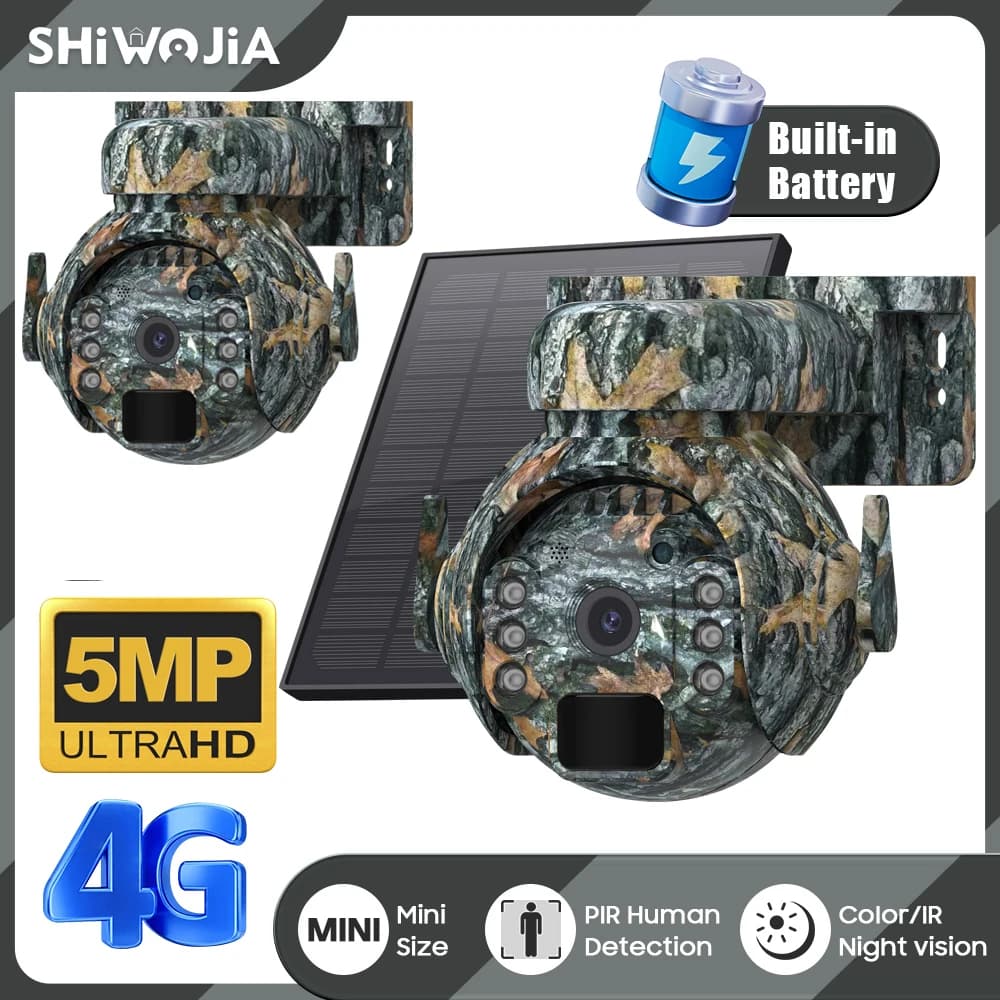 SHIWOJIA 5MP 4G Solar Security Cameras WIFI Wireless Outdoor 2K 360° View Animal Monitoring Camouflage Color Battery PTZ Camera