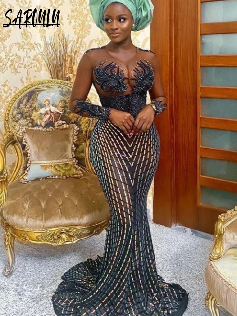 African Luxury O-neck Evening Dress Elegant Beading Sequins Mermaid Wedding Party Formal Customized Dresses Vestidos De Novia