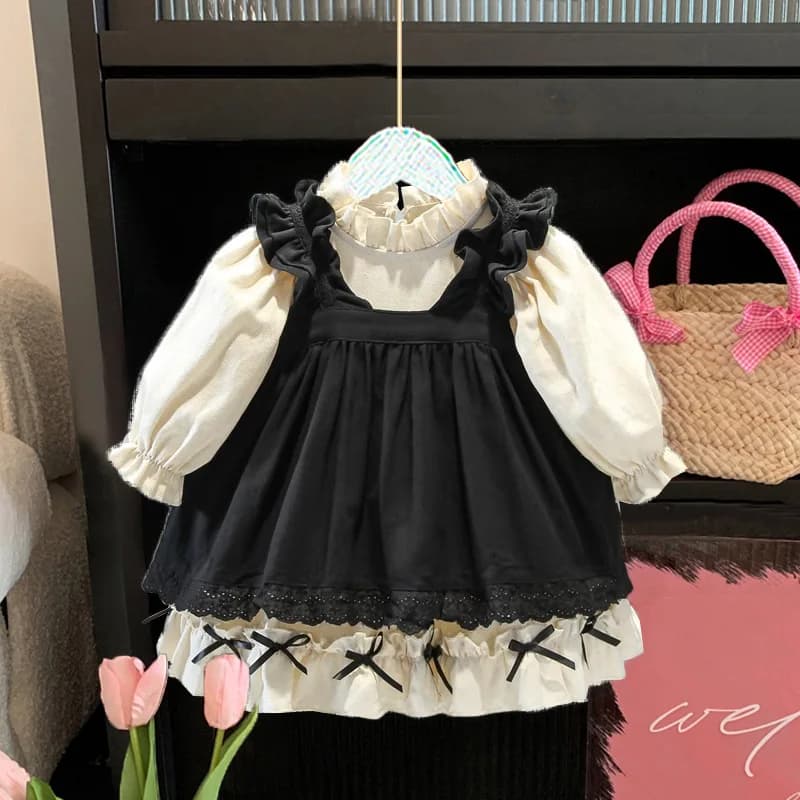 2024 New Spring Kids Dress Girls Sweet Lace Bow Princess Dress Children Outwear Clothes 2PCS
