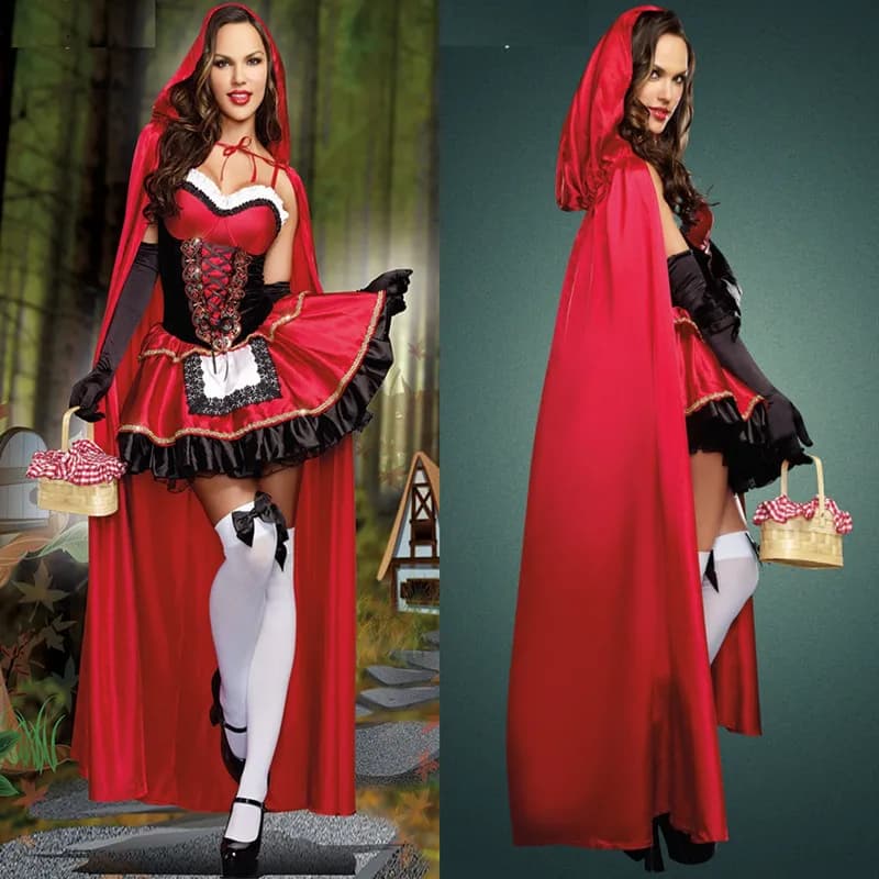Women Little Red Riding Hood Costume Fancy Adult Halloween Cosplay Fantasia Carnival Fairy Tale Girl Dress+Cloak Women Party Set