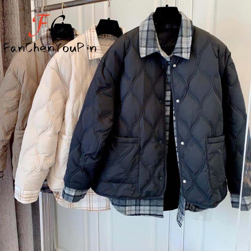 New Autumn Winter Women's Coat Fashion Loose Checkered Shirt Splicing Long Sleeved Cotton Jacket Casual Temperament Thin Parkas