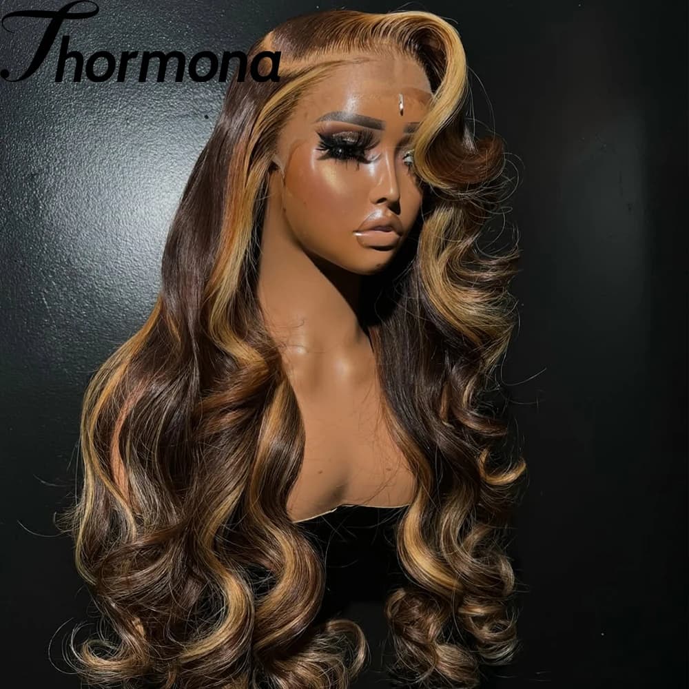 13x6 Hd Transparent Body Wave Lace Front Wig Synthetic Colored Highlight Glueless Wig Body Wave 4/27 Honey Blonde Lace Front Wig