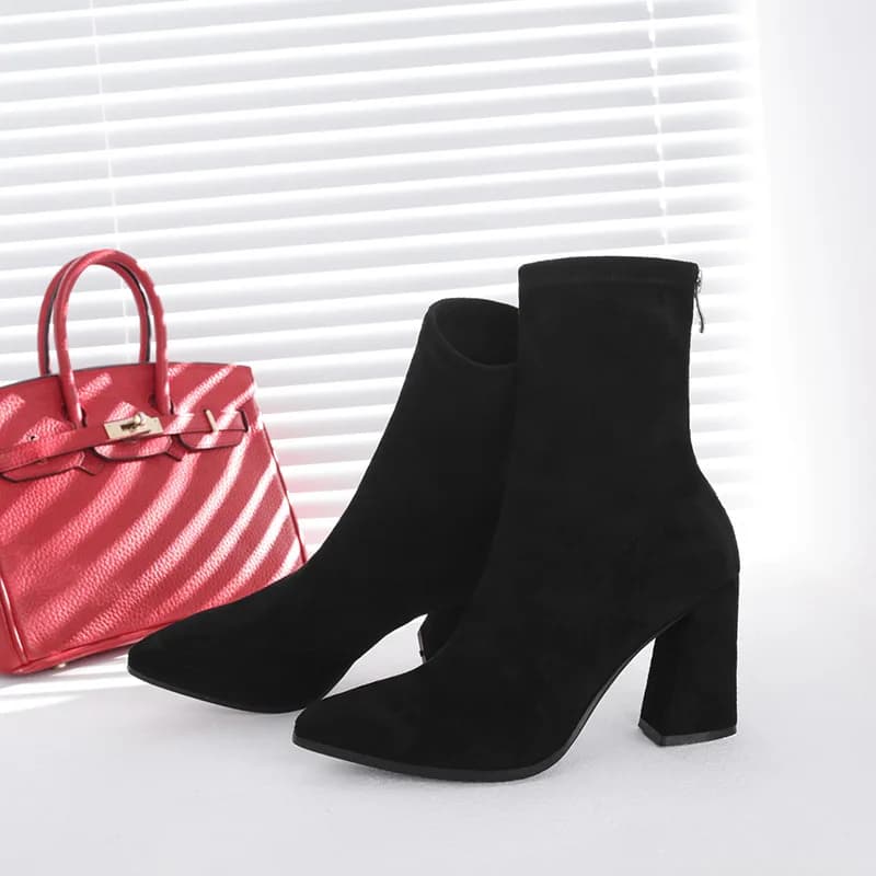 2024 Winter New Thick Heel Suede Pointed Shoes Women's Warm Fashion High Heels Sexy Versatile Short Boots Botte Femme