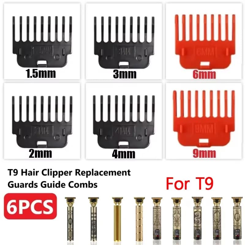 6PCS T9 Hair Clipper Guards Guide Combs Trimmer Cutting Guides Styling Tools Attachment Compatible 1.5mm 2mm 3mm 4mm 6mm 9mm