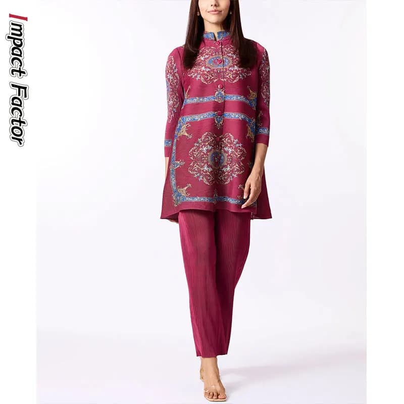 Miyake Cardigan with Ancient Style Printed Lapel Long Sleeved Top+versatile High Waisted Casual Pants 2-piece Set 2024 New