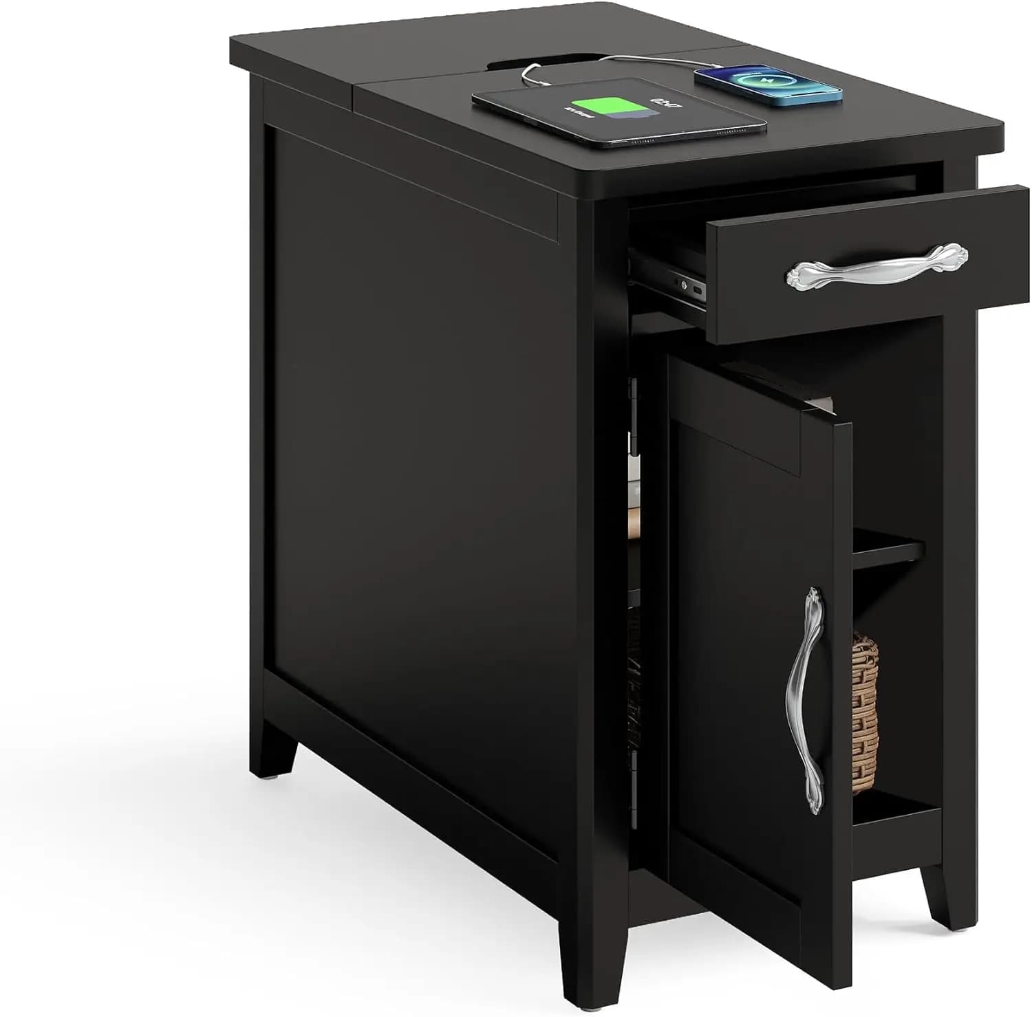 End Table with Charging Station, Narrow Side Table for Living Room, Sofa Side Table with Drawer and Storage Cabinet, Small Night