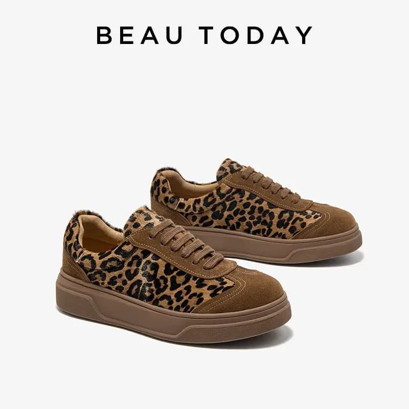 BEAUTODAY Fashion Leopard Sneakers Women Cow Suede Lace-up Round Toe Patchwork Ladies Shoes Handmade 29895