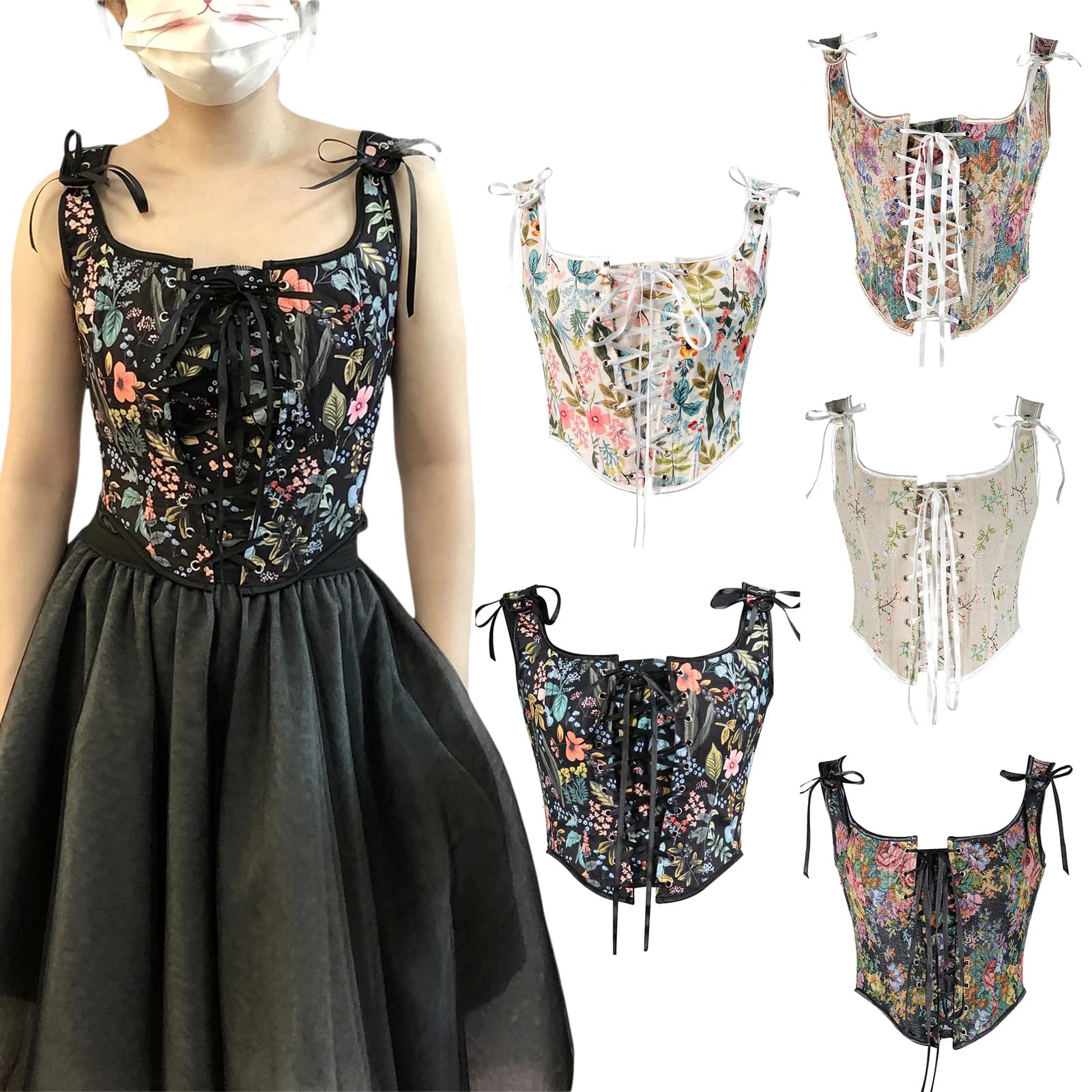 Women's Retro Elegant Corset Cropped Camisole, Vintage Sleeveless Flower Lacing Slim Fit Tops for Party Club