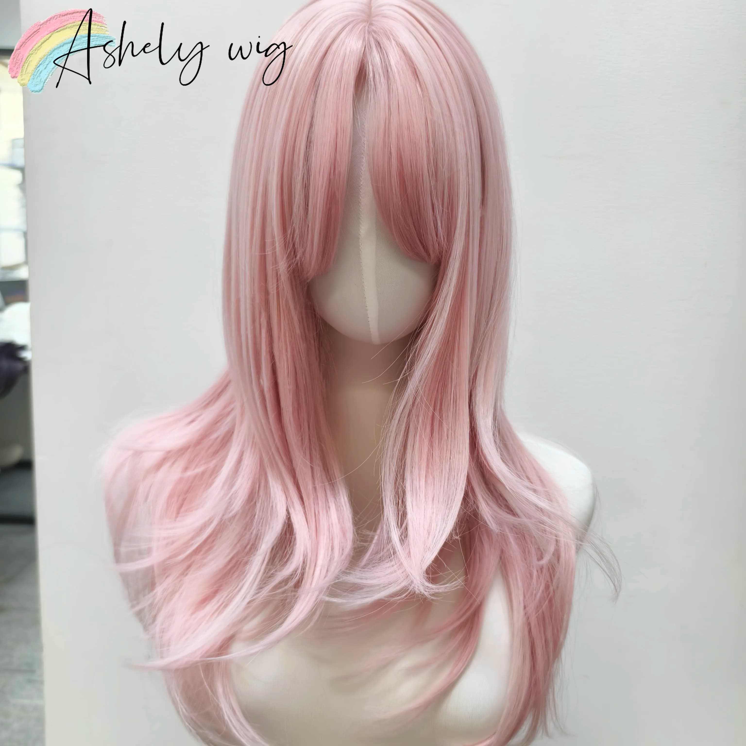Ashely Pink Wig Lolita Female Headband Body Wavy Rose Hair Models in French Bangs High Level Simulation Hair Wig Synthetic 가발