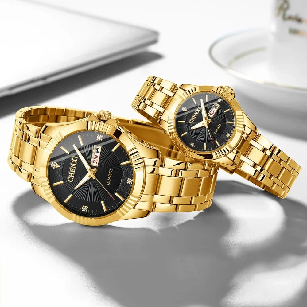 CHENXI 050A Luxury Watches Couple Golden Quartz Watch for Men Women Waterproof Stainless Steel Date Week Analog WristWatches