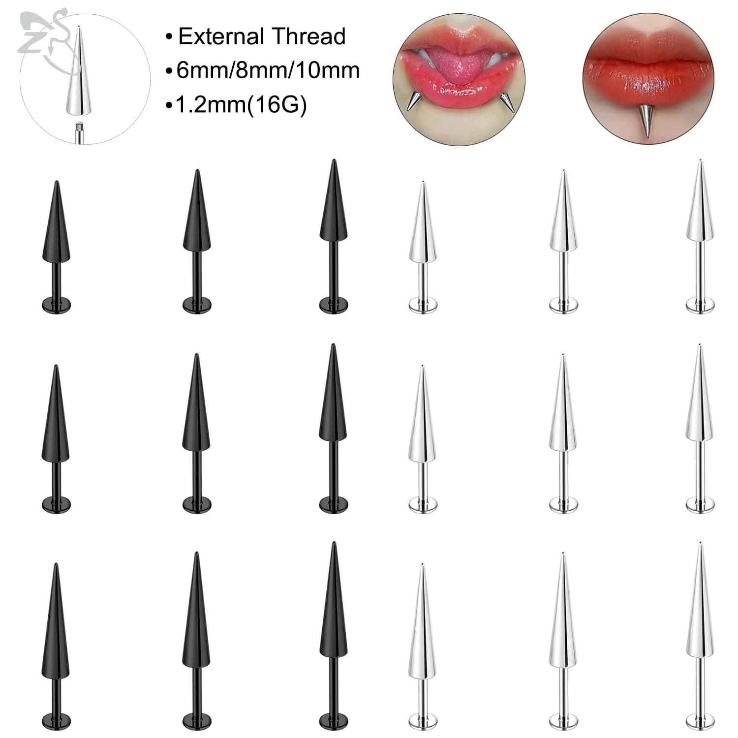 ZS 10pcs/lot 16G Stainless Steel Labret Lip Ring  External thread Lip Stud Spike Ear Lobe Stud 6mm/8mm/10mm Cartilage Earring