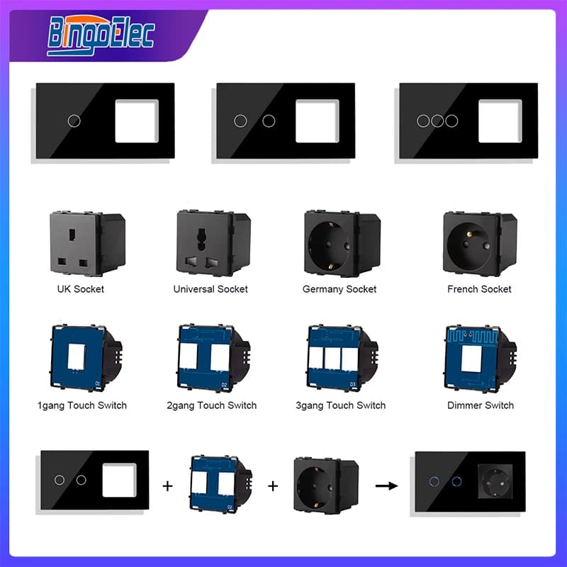 Bingoelec Touch Sensor Switches Function Parts EU Electrical Sockets Black Wall Light Switch Glass Panel Parts Power Outlet