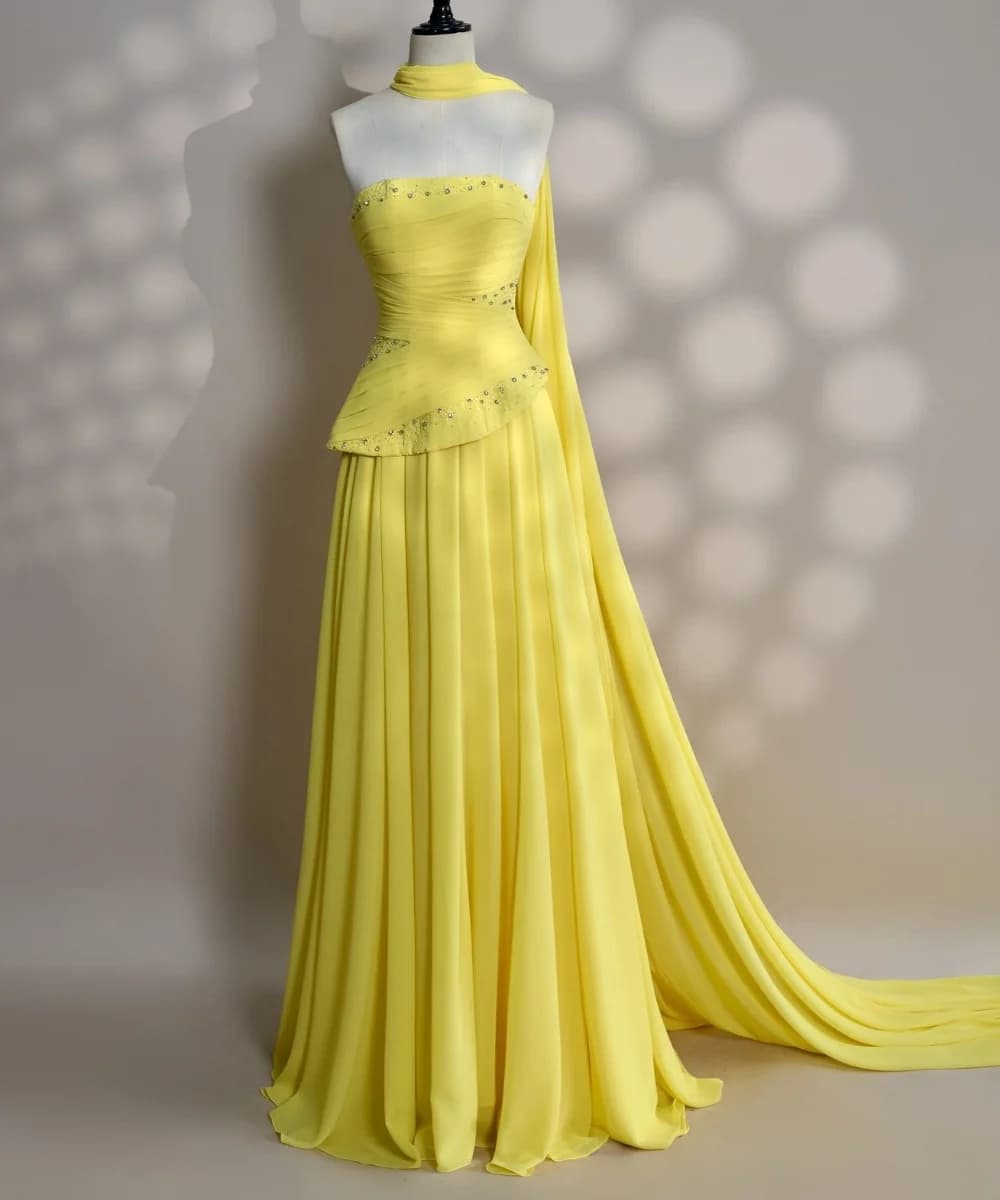 Customized Chinese Style Chiffon Pleat A-line Strapless Long Dresses Celebrity  High Quality Classic Pastrol Simple
