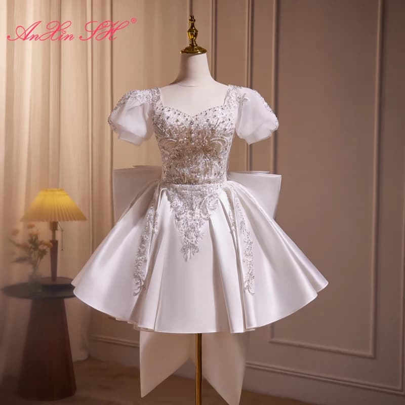 AnXin SH princess sweetheart white satin lace beading crystal pearls big bow short customized evening dress little white dress