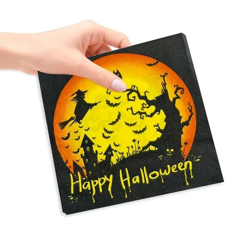 10/20pcs 33cm Black Halloween Horror Party Paper Witch Broom Raven Moon Dead Tree Ambience Printed Napkins Wholesale Customised