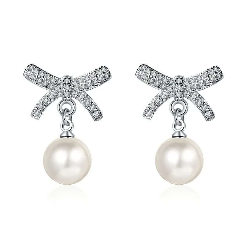 Women's New Fashion Cute Bowknot Drop Earrings Shiny Crystal Pearls Dangle Piercing Wedding Earring Stud Romantic Ear Jewelry
