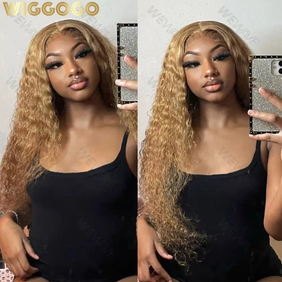 Wiggogo #27 Honey Blonde Lace Front Wig 13X6 Deep Wave Frontal Wig Curly 100% Human Hair 13X4 Colored Preplucked Brazilian Wig