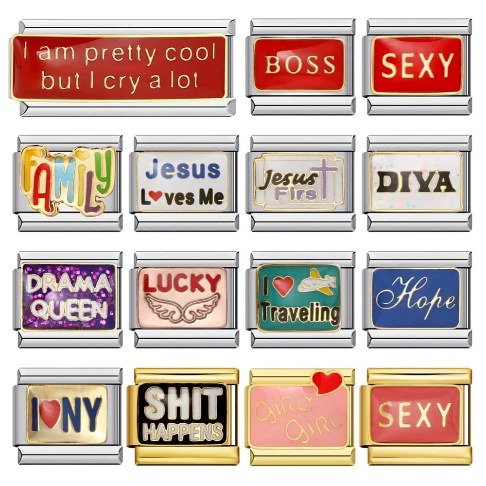 Fashion Gold Color BOSS SEXY DIYA LUCKY Jewelry Italian Link Fit 9mm Charm Bracelets Stainless Steel Making DIY Beads For Gifts