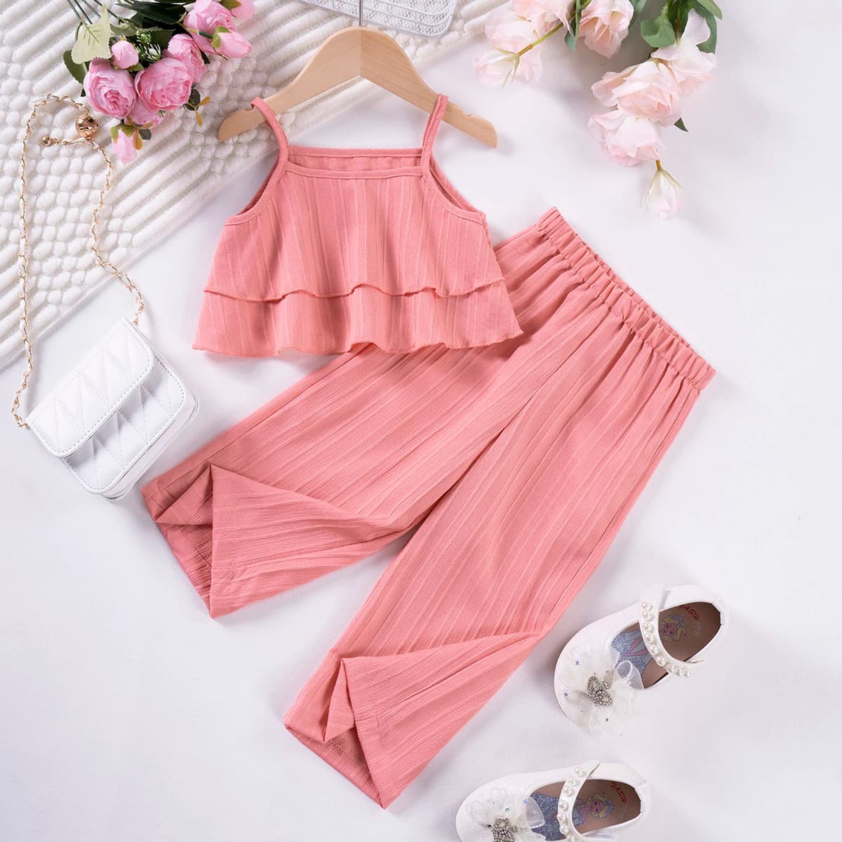 Girls Solid Color Suspenders Summer Suspenders Ruffles + Wide Leg Pants 2 Pieces Dress Set White Cute Elegant Baby Clothes