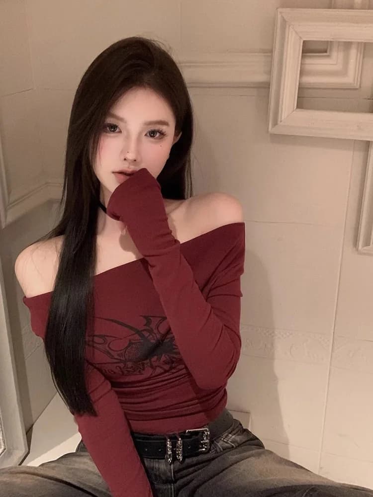 T Shirt Women Long Sleeve Off Shoulder Y2k Vintage Tops Streetwear Korean Style Crop Tops Autumn