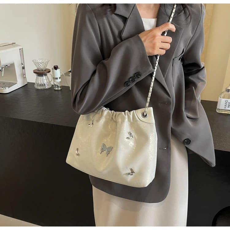 Silver PU Leather Crossbody Bags For Women 2024 Spring Y2k Fashion Female Bucket Bag Lady Chain Shoulder Bag Handbags And Purse