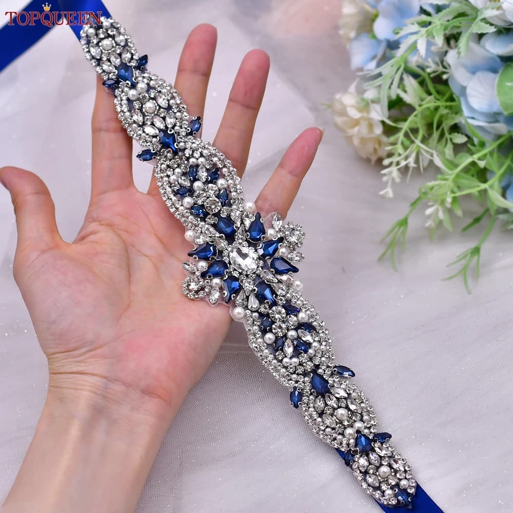 TOPQUEEN New Wedding Sash Royal Blue Diamond Applique Bridal Women's Belt Gemstone Accessories Bridesmaid Belt S84-ML