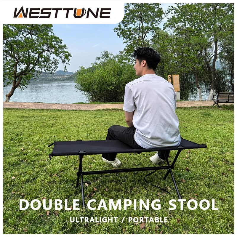 WESTTUNE Outdoor Long Chair Stool Folding Two-person Camping Stool Lightweight Collapsible Double Seat Stool for Outdoor Garden