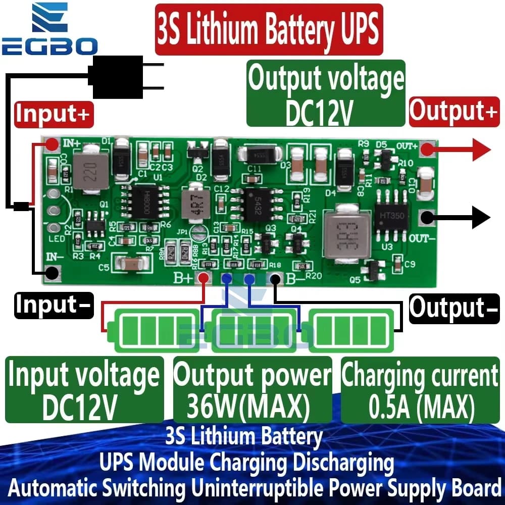 3S 12V 3A 24W 36W Lithium Battery UPS Module Charging Discharging Automatic Switching Uninterruptible Power Supply Board EGBO