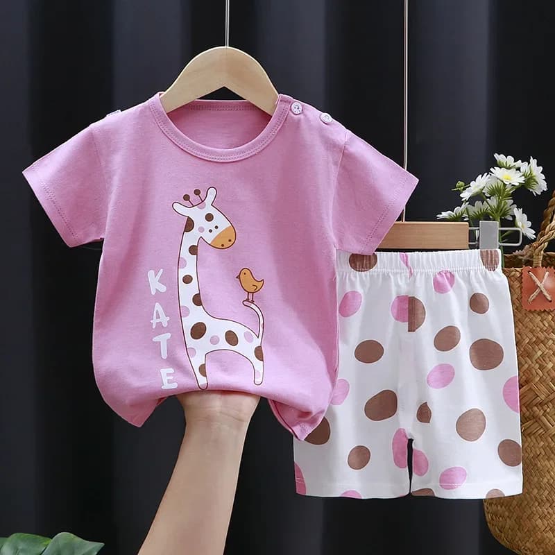 2-6 Years Baby Girl Summer Set Children's Short-sleeved Shorts Suit Cotton T-shirt Little Girls Unicorn Giraffe Cartoon Set