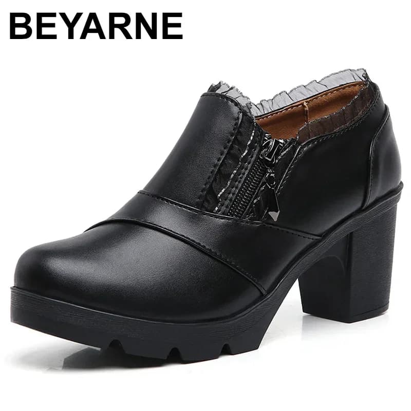 Women Genuine Leather Shoes Woman High Heel Square Heel Shoes Black Women's Pumps Female Shoes High Heels Classics Casual